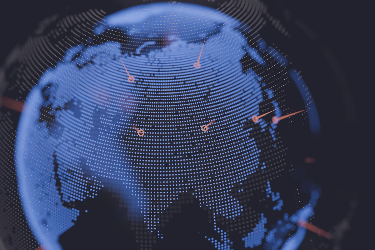 Concepto de soberanía digital representado como un globo terráqueo interconectado con nodos y redes, simbolizando el control estratégico.