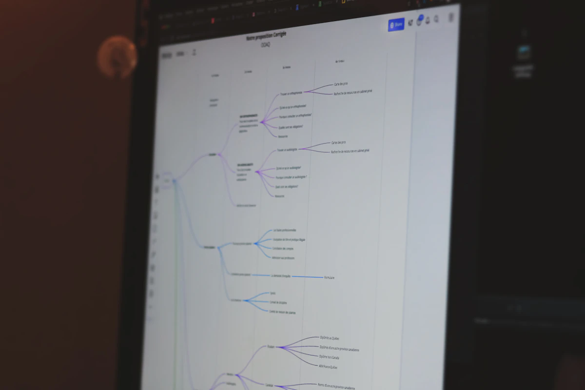Diagrama de un workflow de IA complejo visualizado en una pantalla, representando la orquestación de tareas.